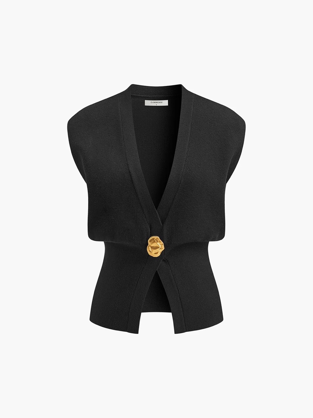 Black Sleeveless V-Neck Knit Vest with Gold Rosette Button - Picture 7 of 9